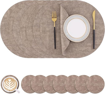 Homaxy Round Faux Leather Placemats and Coasters, Washable Dual-Side Table Mats, Wipeable Heat-Resistant Dining Place Mats for Outdoor and Indoor, Set of 8, Diameter 13 and 3.93 inch, Light Brown