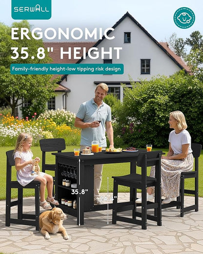 SERWALL Outdoor Bar Table and Chairs Set, 3-Piece HDPE Counter Height Patio Dining Sets with Storage and Wine Rack, Rectangular High Top Bar Table with 2 Bar Stools for Garden, Backyard, Black
