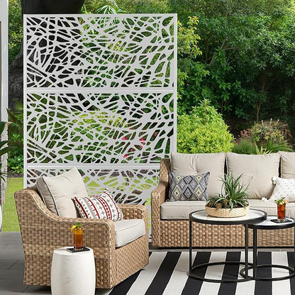 Metal Privacy Screen for Outdoor & Indoor Use, Free Standing Privacy Screen for Patio Garden Pool, 72" H x 47" W Decoative Privacy Panels, Weather Resistant, Easy Assembly (White Net)