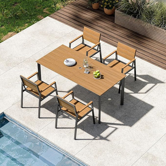 Outdoor Patio Dining Sets, Aluminum&HDPS 5 Piece Dining Table Set with Umbrella Hole, Modern Rectangular Patio Furniture Set with All-Weather Table and 4 Chairs (Gray & Teak)