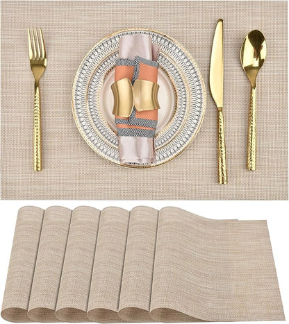 SLKQG Placemats Set of 6 - Easy Clean Washable Vinyl Placemats - Wipeable Heat Resistant Table Mats for Dining Table - 17.7x11.8 Inch (6, Beige)