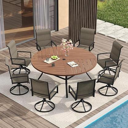 VICLLAX Round Patio Table with Adjustable Umbrella Hole for 8, All Weather Metal Outdoor Dining Table for Lawn Garden, 59.8" Outdoor Coffee Table, Walnut Wood-Like Tabletop