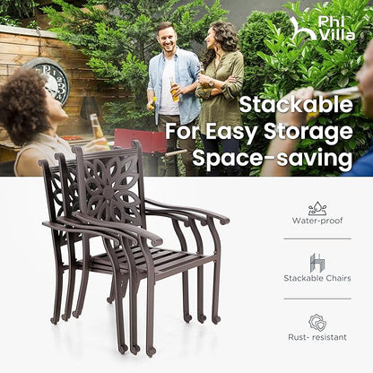 PHI VILLA Cast Aluminum Patio Dining Set for 6 Person, 7 Piece Outdoor Patio Set with 64" x 37" Cast-Top Aluminum Table(2.3" Umbrella Hole), 4 Dining Chairs and 2 Swivel Rockers with Seat Cushions