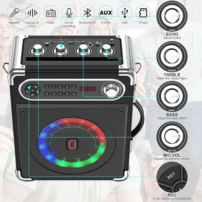 JYX Karaoke Machine with Two Wireless Microphones, Portable Bluetooth Speaker with Bass/Treble Adjustment, PA System with Remote Control, LED Lights,Supports TF Card/USB, AUX IN, FM, REC,TWS for Party