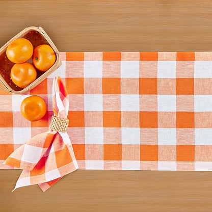 Solino Home Linen Checkered Table Runner 120 Inches Long - 100% Pure Linen Buffalo Check Pumpkin and White Table Runner 14 x 120 Inch Ideal for Dining