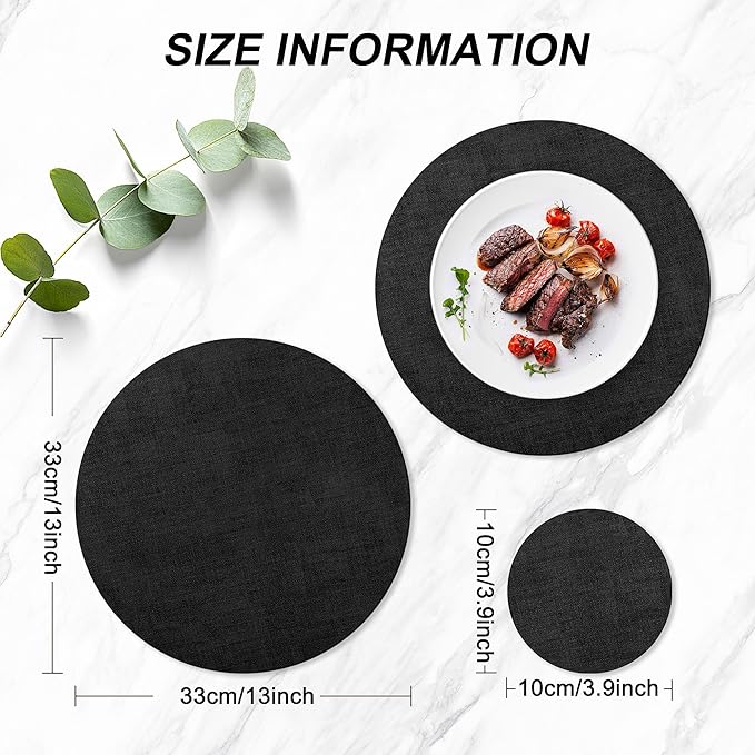Round Faux Leather Placemats and Coasters, Set of 6, Reversible Heat Resistant Non-Slip Table Mats, Waterproof Wipeable Place Mats for Dining Table, Washable for Indoor & Outdoor (6, Black)