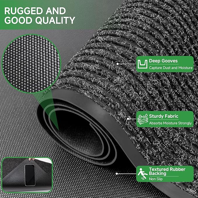 Front Door Mat, Heavy Duty Indoor Outdoor Doormat for Entryway, 48" x 24" Low Profile Outdoor Mats for Home Entrance, Stain and Fade Resistant Welcome Mat for High Traffic Area, Black