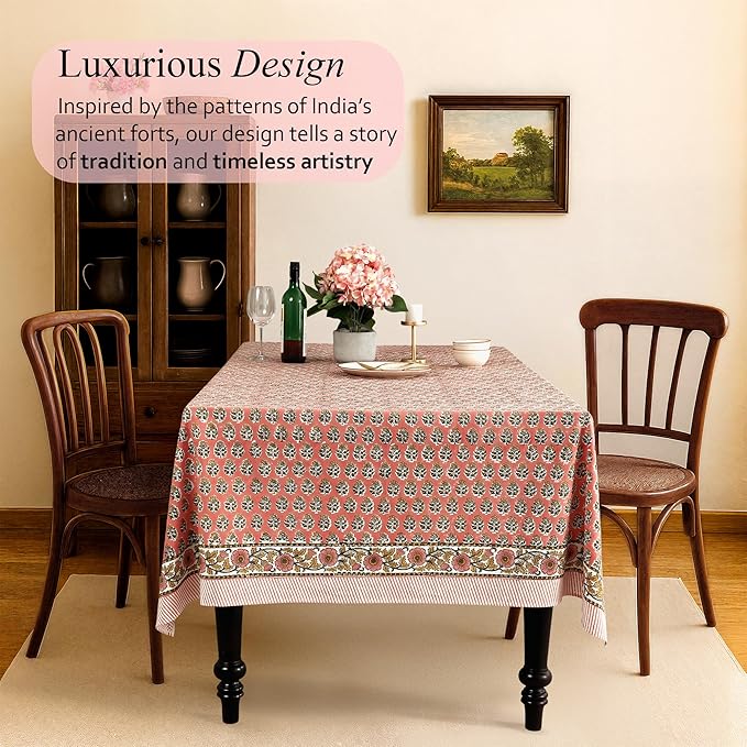 CPC Tablecloth 100% Cotton 60x60 Inch Indian Block Print Rectangle Table Cover, Washable Table Cloth for Weddings, Spring/Summer, Barbeque - Poppy Pink