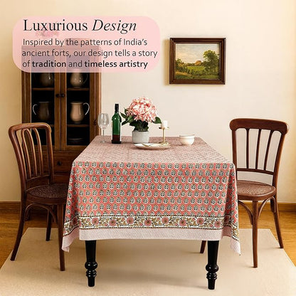 CPC Tablecloth 100% Cotton 70x108 Inch Indian Block Print Rectangle Table Cover, Washable Table Cloth for Weddings, Spring/Summer, Barbeque - Poppy Pink