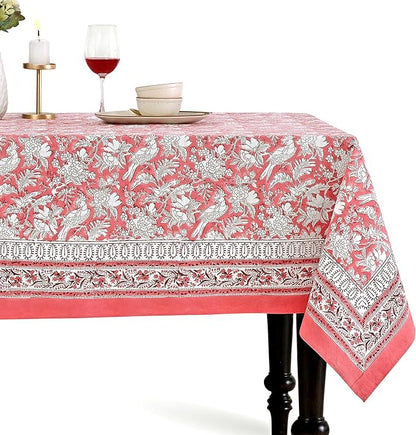 CPC Cotton Tablecloth 80x120 Inch Rectangle Indian Block Print Tablecloth- Pink Washable Wedding Table Cover for Thanksgiving/Christmas- Pink Coral
