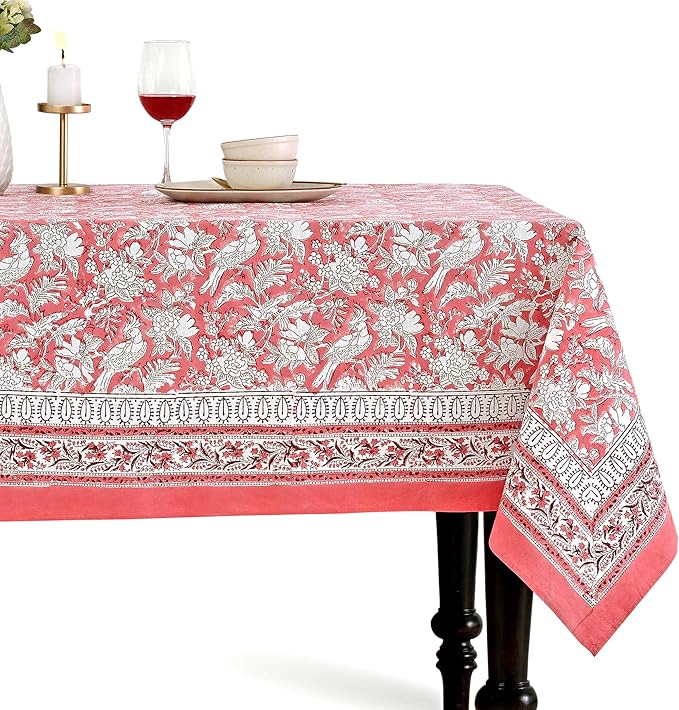 CPC Tablecloth 100% Cotton 70x118 Inch Indian Block Print Rectangle Table Cover, Table Cloth for Weddings, Spring/Summer, Barbeque - Pink Coral