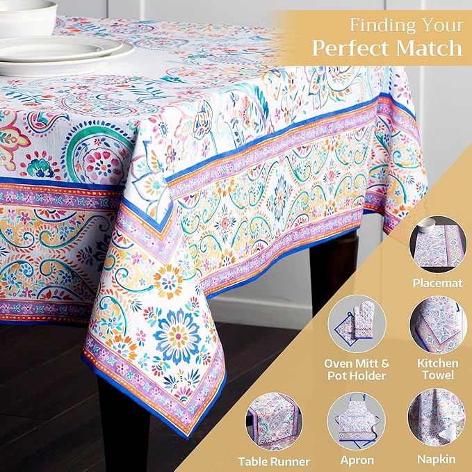 Maison d' Hermine Table Cloth Rectangle Table 100% Cotton 54 x 72 Inches Tablecloth Reusable Decorative for Dining Room, Farmhouse, Home, Party, Festive & Wedding Spring Summer - Indian Floral