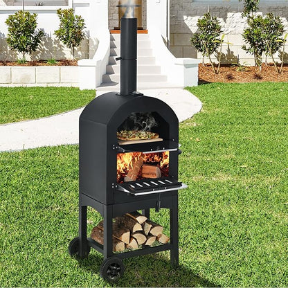 Happygrill Outdoor Pizza Oven Wood Fired, Portable Pizza Maker Grill w/Stone, Peel, Cooking Grids, Built-in Thermometer, Waterproof Cover, Wheels for Barbecue Backyard Camping
