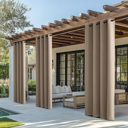 NICETOWN Outdoor Curtains for Patio Waterproof, Thermal Insulated Linen Textured 100% Blackout Outside Drapes for Gazebo, Privacy Sun Shades for Indoor, Bathroom, W52 x L108 Inch, Taupe, 2 Panels