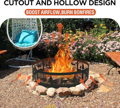 Red Mountain Valley 36 Inch Fire Pit Ring with 360° Forest & Wildlife Design, Portable Steel Wood Burning Firepit Ring for Outdoor Camping, Bonfires, Beach,Patio, fire Pit kit, Black