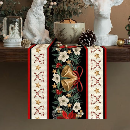 Christmas Bells Table Runner Burlap Kitchen Dining Linen Table Decoration for Indoor Outdoor Home Party Dinner 13x72 Inch