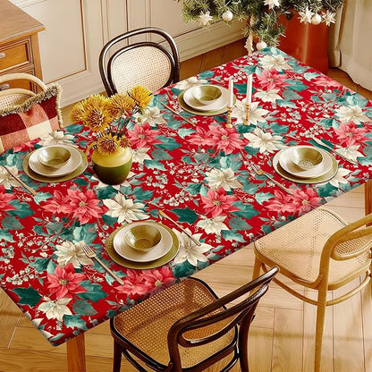 Rectangle Table Cloth Cover Waterproof Elastic Fitted Polyester Fitted Tablecloths for 6 Foot Tables for Indoor,Picnic, Camping, Outdoor （60" x 30"，Christmas Flowers）