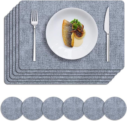 MOSAYT Faux Leather Placemats Set of 6, Heat Resistant Wipeable Washable Vinyl Place Mats with Coasters, Waterproof Oil Proof Table Mats for Kitchen Dining Party Indoor Outdoor, 12" x 17", Sky Blue
