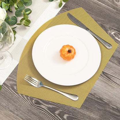 SHACOS Round Table Placemats Wedge Placemat Set of 4 Non Slip Heat Resistant Woven Vinyl Metallic Golden Table Mats Wipe Clean Indoor Outdoor (4, Gold)
