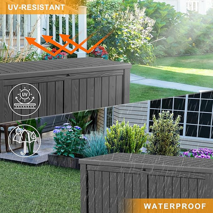 150 Gallon Deck Box,Resin Outdoor Storage Box with Lockable for Patio Furniture, Pool Tools, Garden Tools Waterproof Outside Storage Box, Black