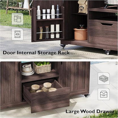 Merax 66.5" Outdoor Grill Table for Big Green Egg, Farmhouse Kitchen Island on Wheels with Stainless Steel Tabletop, Drawer and Spice Rack, Solid Wood Outdoor Storage Cabinet for Backyard, Dark Brown