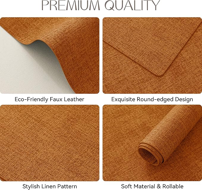 Romanstile Vinyl Placemats Set of 8-12 X 17 Inch - Heat Resistant Place Mats 100% Waterproof Oilproof Wipeable Reversible Faux Leather Table Mats for Kitchen, Dining, Party, Outdoor, Orange