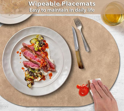 ADRIMER Placemats, Heat Resistant Oval Placemats Set of 8 Washable 12 x 17 Inch, Waterproof Table Placemats Set of 8, Wipeable Faux Leather Placemats for Kitchen, Dining Room, Apricot
