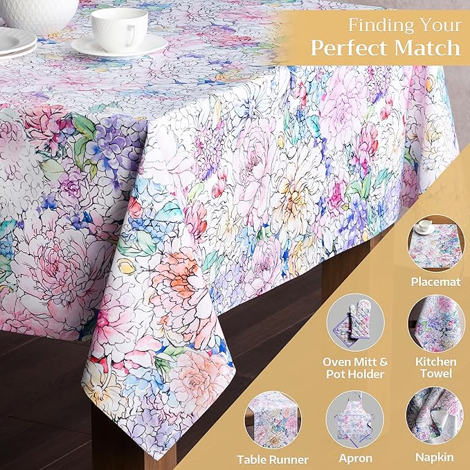 Maison d' Hermine Table Cloth Rectangle Table 100% Cotton 70 x 120 Inches Tablecloth Reusable Decorative for Dining Room, Farmhouse, Home, Party, Festive & Wedding Spring Summer - Floral Love