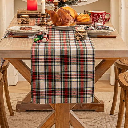 Red White Plaid Christmas Table Runner, Winter Holiday Table Runners 108 inches Long ，Xmas Decorations Indoor Outdoor Farmhouse Home Kitchen Dining Party Decor