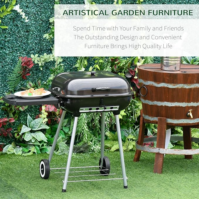 21 Inch Portable Charcoal Grill with Wheels and Bottom Shelf, Outdoor BBQ Smoker with Adjustable Lid Vents, Charcoal Barbecue for Picnic, Camping, Patio & Backyard