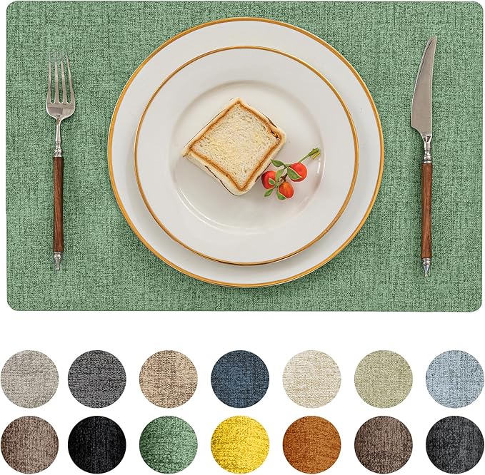 Romanstile Vinyl Placemats Set of 6-12 X 17 Inch - Heat Resistant Place Mats 100% Waterproof Oilproof Wipeable Reversible Faux Leather Table Mats for Kitchen, Dining, Party, Outdoor, Dark Green