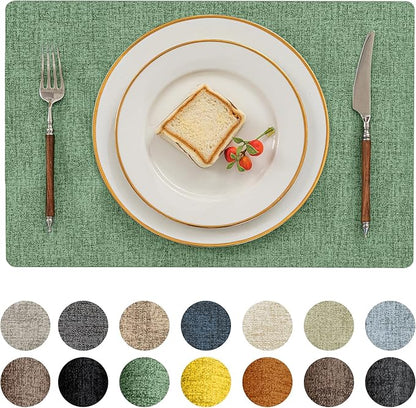 Romanstile Vinyl Placemats Set of 6-12 X 17 Inch - Heat Resistant Place Mats 100% Waterproof Oilproof Wipeable Reversible Faux Leather Table Mats for Kitchen, Dining, Party, Outdoor, Dark Green