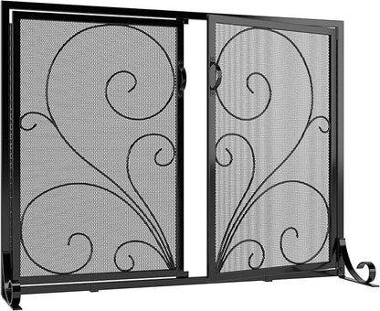 Flat Fireplace Screen with Doors,Solid Wrought Iron Frame with Metal Mesh, Flat Panel Decorative Fireplace Screen with Scroll Design, Free Standing Spark Guard