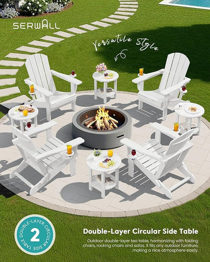 SERWALL Round Outdoor Side Table Set of 2, HDPE Small Adirondack Double End Table, White