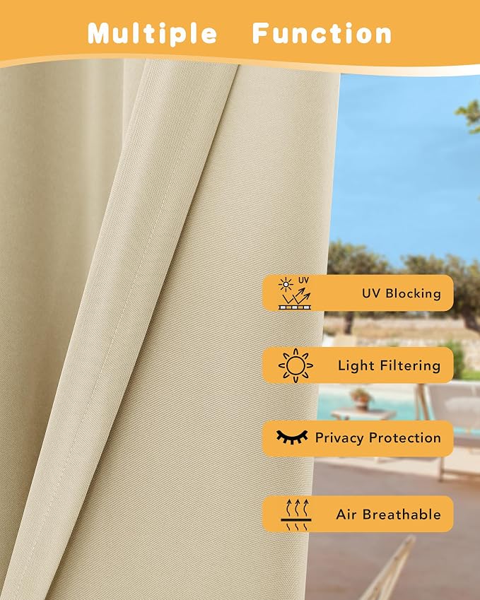 HolidayIdeas Outdoor Curtains for Patio Waterproof 2 Pcs 84x108 Inch Cream | - Image 3