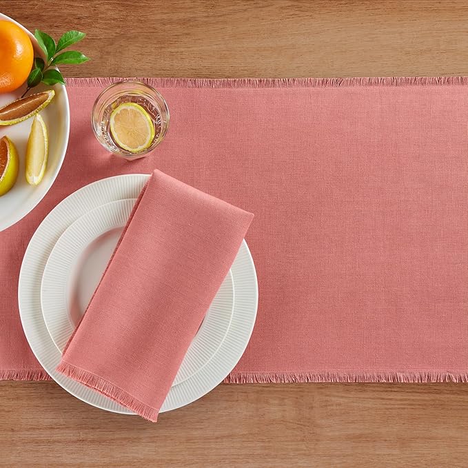 Solino Home Linen Dusty Rose Table Runner 120 Inches Long - Fringe, 100% Pure Linen 14 x 120 Inch Table Runner for Valentines, Spring, Easter