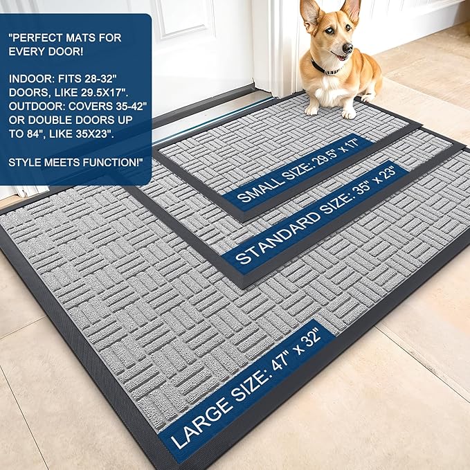 OLANLY Front Door Mat Outside Entrance 47x32, Absorbent, Heavy Duty Sturdy Natural Rubber Doormat Indoor Outdoor, Non-Slip, Stain and Fade Resistant, Low Profile Floor Mat for Entryway, Light Gray