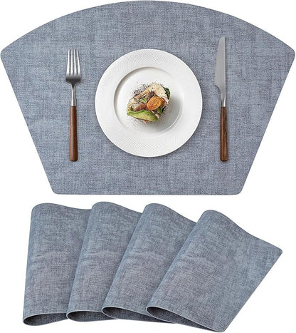 Round Table Placemats Set of 4, Faux Leather Wedge Shape Place Mats Heat Resistant Wipeable Washable Table Mats for Dining Outdoor Indoor, Blue