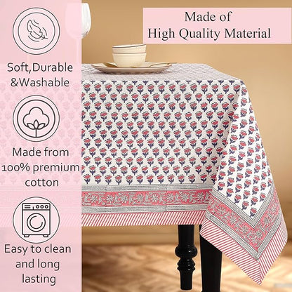CPC Tablecloth 100% Cotton 60x60 Inch Indian Block Print Square Table Cover, Table Cloth for Weddings, Spring/Summer, Barbeque - Pink Sapphire