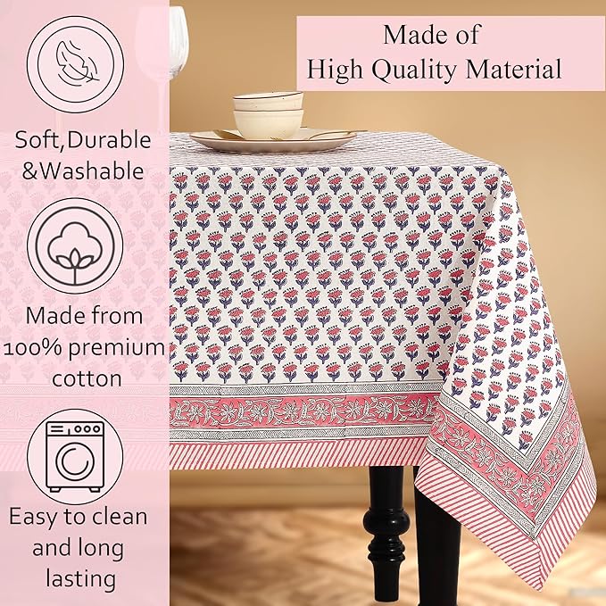 CPC Tablecloth 100% Cotton 60x90 Inch Indian Block Print Rectangle Table Cover, Washable Table Cloth for WeddingsSpring/Summer, Barbeque - Pink Sapphire