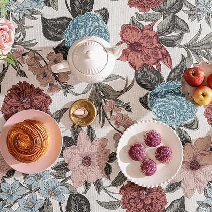 French Linen Tablecloth for Rectangle Table,Red and Blue Floral Durable Extra Long Tablecloths,Home Decor Table Cover for Kitchen,Dining,Thanksgiving,Farmhouse,67" × 118"-Burgundyred