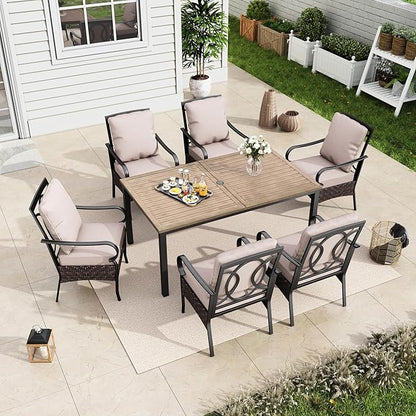 MFSTUDIO 7 Pieces Patio Dining Sets for 6, 64" Rectangle Wood-Like Dining Table for 6, Cushioned Metal Chairs, Outdoor Table and Chairs, Heavy Duty Dining Furniture for Backyard, Porch