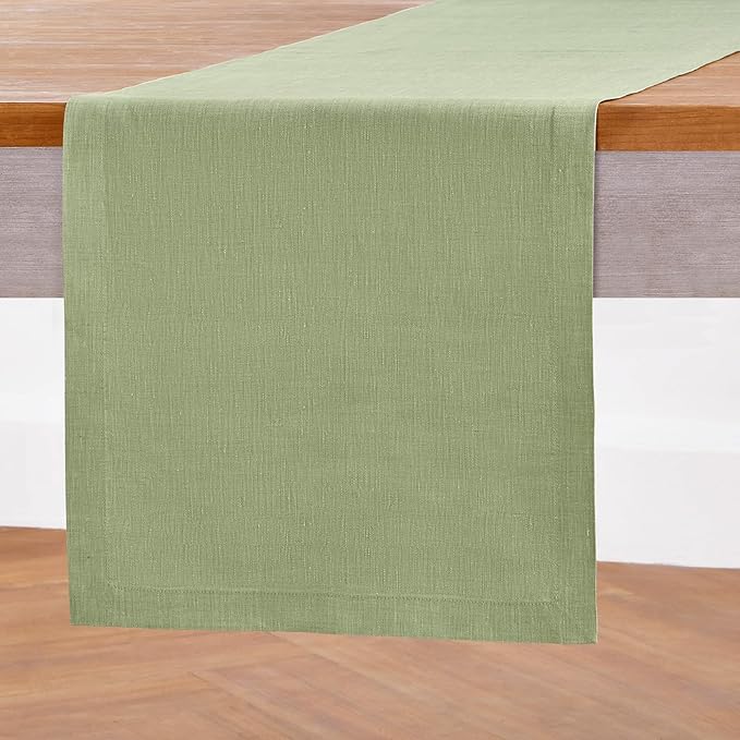 Solino Home Linen Table Runner 90 Inches Long - Athena, 100% Pure Linen Chambray Olive Table Runner 14 x 90 Inch for Dining, Spring, St Patricks Day