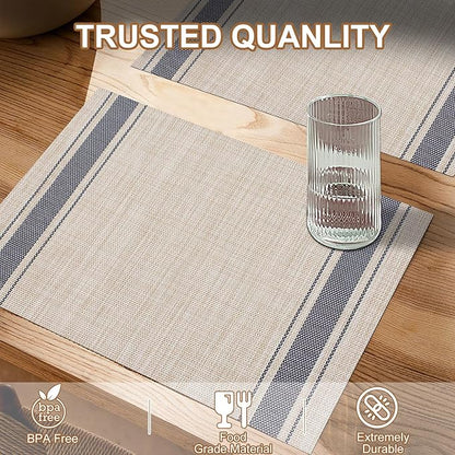 BETEAM Placemats Set of 6, Woven Vinyl Placemat for Dining Table Washable Wipeable Kitchen Place Mats Durable Indoor Outdoor Table Mats