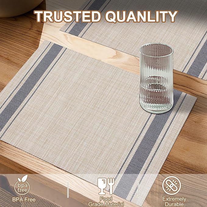 BETEAM Placemats Set of 8, Woven Vinyl Placemat for Dining Table Washable Wipeable Kitchen Place Mats Durable Indoor Outdoor Table Mats