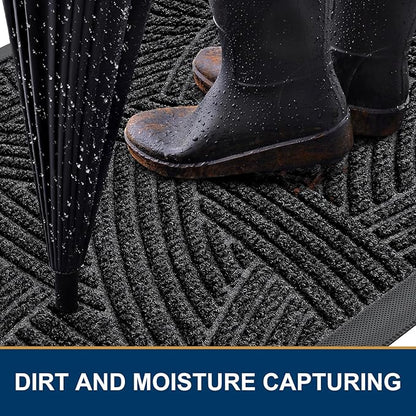Smiry Front Door Mat Outside Entrance, Heavy Duty Sturdy Natural Rubber Doormat, Trap Dirt and Moisture, Easy Clean Low Profile Mats for Indoor Outdoor Entry, Interwoven Stripes (29.5x17, Black)
