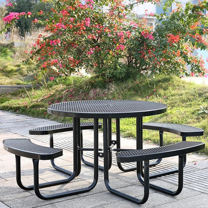 46'' Round Metal Picnic Table for Outdoors, Commercial Steel Metal Picnic Tables, Heavy Duty Sturdy Picnic Tables Furniture Set for Patio Garden Courtyard BBQ, with Umbrella Hole