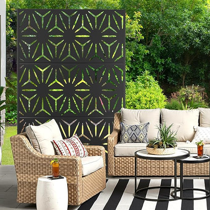 Metal Privacy Screen for Outdoor & Indoor Use, Free Standing Privacy Screen for Patio Garden Pool, 72" H x 47" W Decoative Privacy Panels, Weather Resistant, Easy Assembly (Black Star)