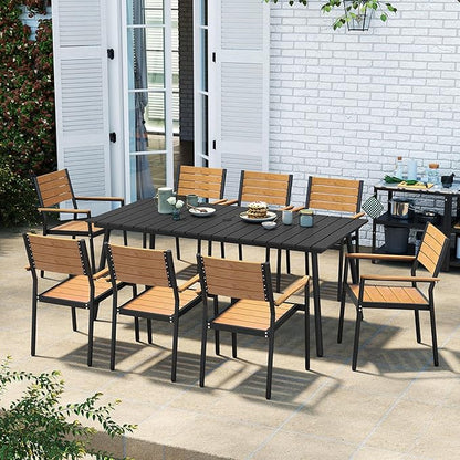 83" Patio Outdoor Dining Table for 6-8, Weather-Resistant Wood-Grain Top with Aluminum Frame & Umbrella Hole for Deck Gatherings, Black