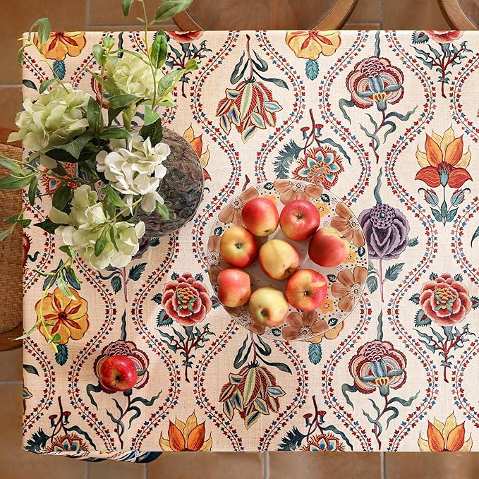 Vintage French Rectangular Tablecloth,Linen Tablecloth with Rose and Cornflower Pattern,Decorative Table Cover for Kitchen,Dining,Thanksgiving,Tea Party,55" × 87"-Lanae